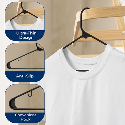 Plastic Hangers 10 Pack - Space-Saving, Non-Slip, Ultra-Thin, Black