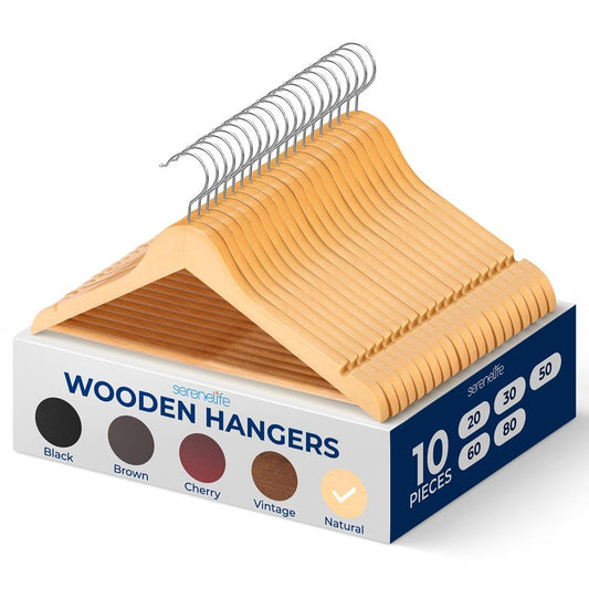 10-Pack Wooden Coat Hangers - Durable, Space-Saving, 360¬∞ Swivel Hook Natural