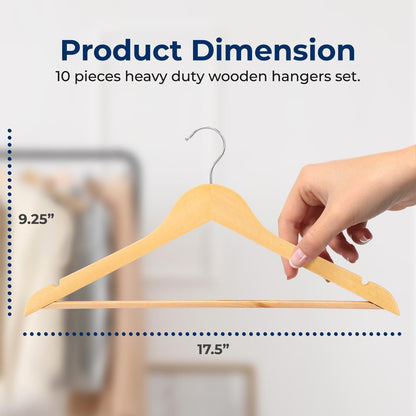 10-Pack Wooden Coat Hangers - Durable, Space-Saving, 360¬∞ Swivel Hook Natural