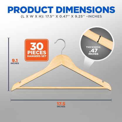30-Pack Heavy Duty Wooden Hangers - 360¬∞ Swivel Hook, Natural Finish