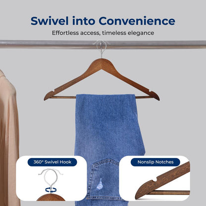 10-Pack Vintage Wooden Hangers - Space-Saving, 360¬∞ Swivel Hook