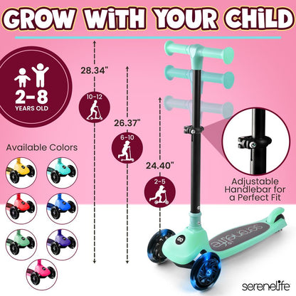 3-Wheel Kids Scooter, Foldable, LED Wheels, Lean-to-Steer, Mint Green