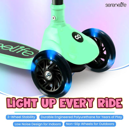 3-Wheel Kids Scooter, Foldable, LED Wheels, Lean-to-Steer, Mint Green