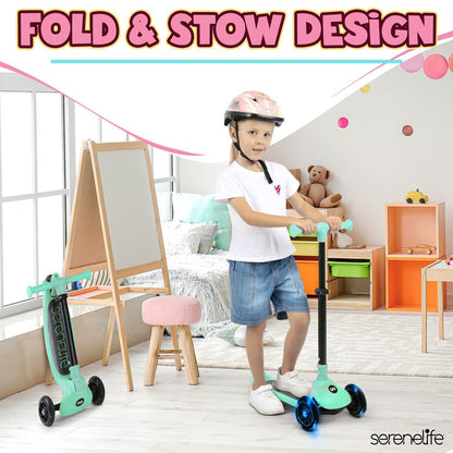 3-Wheel Kids Scooter, Foldable, LED Wheels, Lean-to-Steer, Mint Green