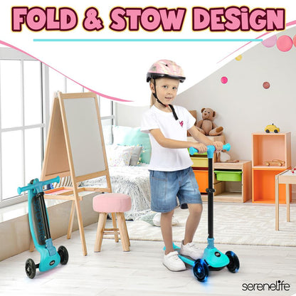 3-Wheel Kids Scooter, LED Wheels, Foldable Seat, Adjustable Handlebar, Blue