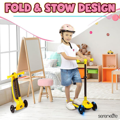 3-Wheel Kids Scooter, Foldable, LED Wheels, Lean-to-Steer, Yellow