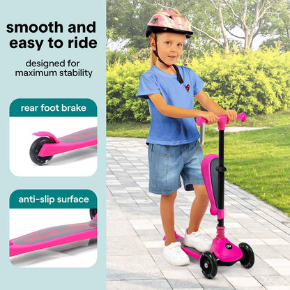 3-Wheel Kids Scooter, Foldable Seat, LED Wheels, Adjustable Handlebar, Pink