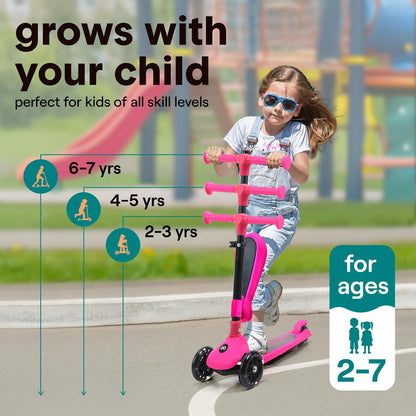 3-Wheel Kids Scooter, Foldable Seat, LED Wheels, Adjustable Handlebar, Pink
