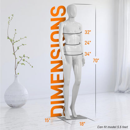 Forme de mannequin femme, tête réglable à 360°∞, PP durable, 68,9" 