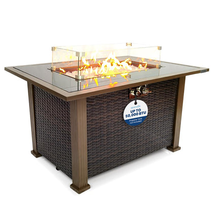 Outdoor Propane Fire Pit Table 50,000 BTU Auto-Ignition Glass Wind Guard
