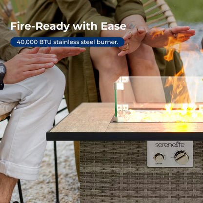 Outdoor Propane Fire Pit Table 50,000 BTU Wicker Tile Top Weatherproof