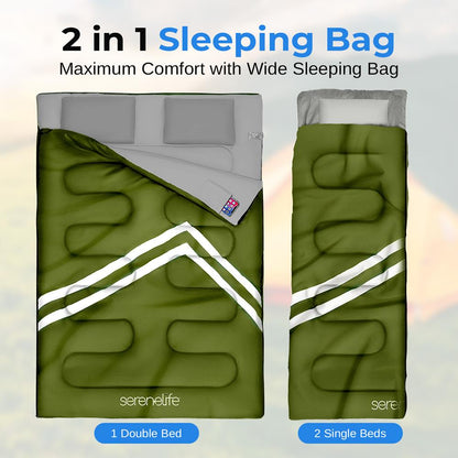 Double Sleeping Bag with Pillows - Lightweight, Waterproof, Portable