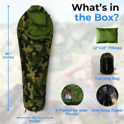 Mummy Sleeping Bag, Weatherproof, 210T Polyester, Camouflage