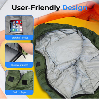 Mummy Sleeping Bag 4-Season Waterproof 210T Polyester Green