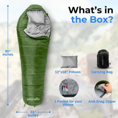 Mummy Sleeping Bag 4-Season Waterproof 210T Polyester Green