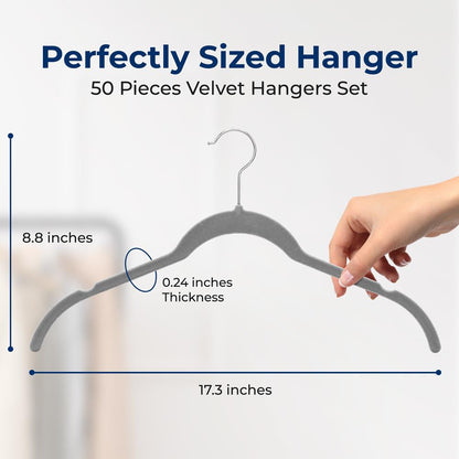 50-Pack Velvet Hangers, Space-Saving Non-Slip Design, Grey