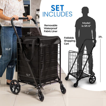 Compact Folding Shopping Cart, 70lb Capacity, Rustproof Steel, Swivel Wheels