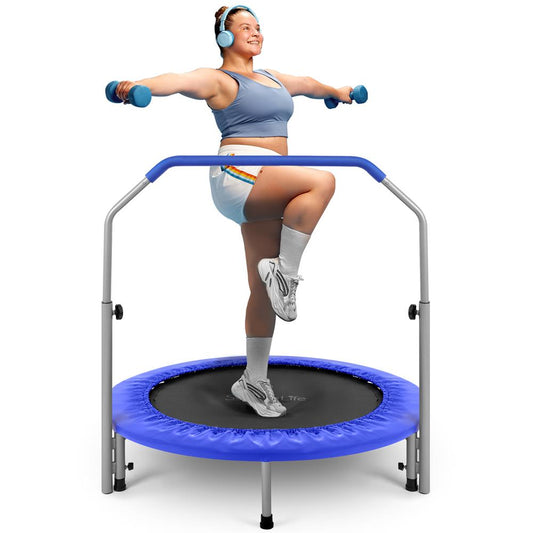 40" Foldable Trampoline, Burn Calories, Adjustable Handrail, Deep Blue