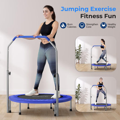 40" Foldable Trampoline, Burn Calories, Adjustable Handrail, Deep Blue