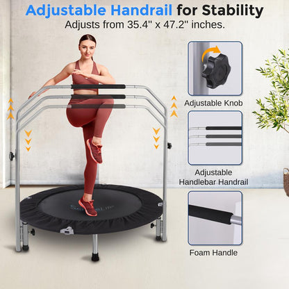 40" Foldable Mini Trampoline, Low-Impact Workout, Adjustable Handrail