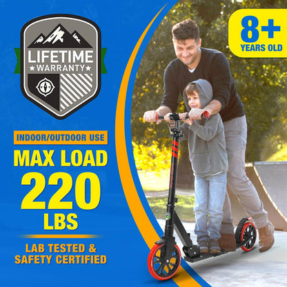Foldable Kick Scooter for Teens & Adults, Smooth Wheels, Alloy Deck, Red