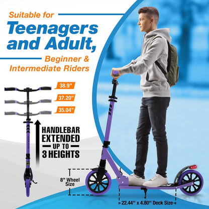Kick Scooter for Teens & Adults, Adjustable Alloy Deck, Purple
