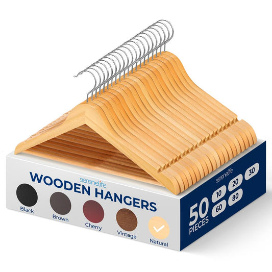 Wooden Hangers 50-Pack, Heavy Duty, 360¬∞ Swivel Hook, Natural Wood