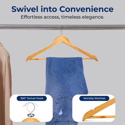Wooden Hangers 50-Pack, Heavy Duty, 360¬∞ Swivel Hook, Natural Wood