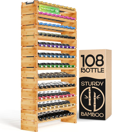 Bamboo Wine Rack 108-Bottle Capacity Sturdy Frame Easy Assembly