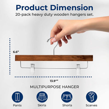 Wooden Pants Hangers 20 Pack, Non-Slip Clips, 360¬∞ Swivel, Retro Brown