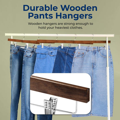 Wooden Pants Hangers 30 Pack - Non-Slip Clips, Swivel Hook, Retro Brown
