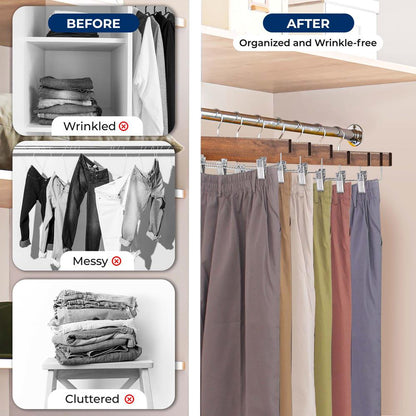 Wooden Pants Hangers 30 Pack - Non-Slip Clips, Swivel Hook, Retro Brown