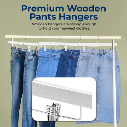 20 Pack Wooden Pants Hangers - Non-Slip Clips, 360¬∞ Swivel Hook, White