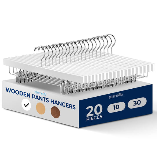 20 Pack Wooden Pants Hangers - Non-Slip Clips, 360¬∞ Swivel Hook, White