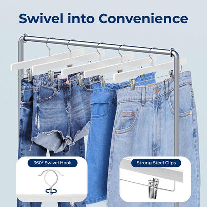 20 Pack Wooden Pants Hangers - Non-Slip Clips, 360¬∞ Swivel Hook, White