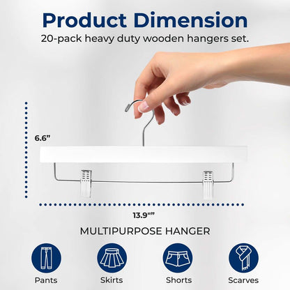 20 Pack Wooden Pants Hangers - Non-Slip Clips, 360¬∞ Swivel Hook, White