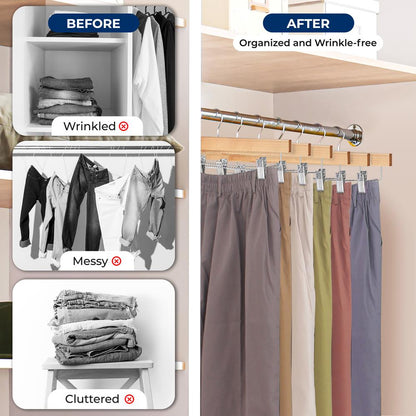 10 Pack Wooden Pant & Skirt Hangers - Non-Slip Clips, Natural Wood