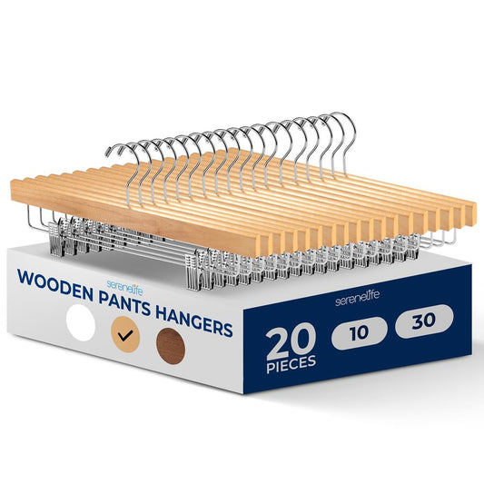 Wooden Pants Hangers 20-Pack, Non-Slip Clips, Natural Wood