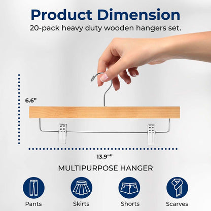 Wooden Pants Hangers 20-Pack, Non-Slip Clips, Natural Wood