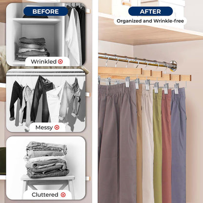 30 Pack Wooden Pants Hangers - Non-Slip Clips, Swivel Hook, Natural Wood