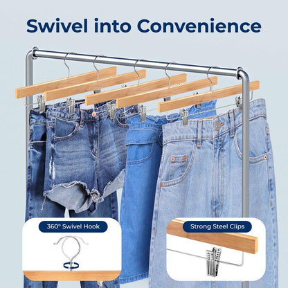 30 Pack Wooden Pants Hangers - Non-Slip Clips, Swivel Hook, Natural Wood