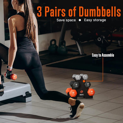 Dumbbell Set with Stand, Anti-Slip Neoprene Coated, Gray/Black/Orange