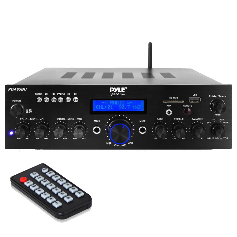Pyle audio amplifier with remote control on a white background