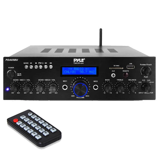 Pyle audio amplifier with remote control on a white background